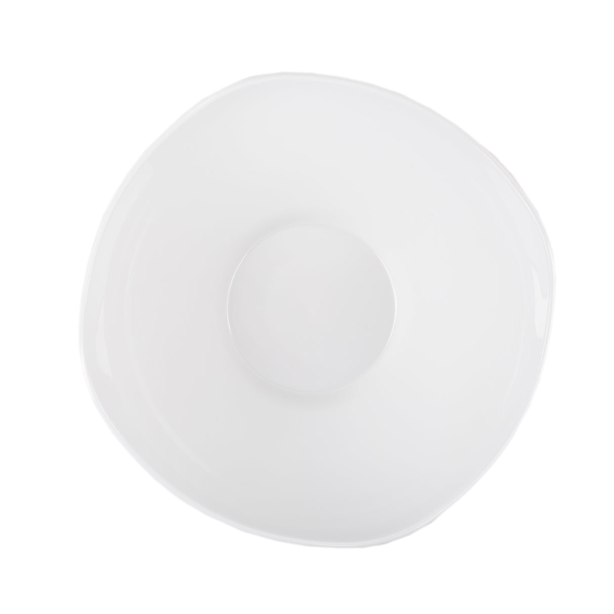 A white, round Frostone Collection Wavy Bowl with slightly irregular, wavy edges is viewed from above on a plain white background. The melamine bowl is dishwasher safe, empty, and has a smooth, glossy surface with a slight central indentation.