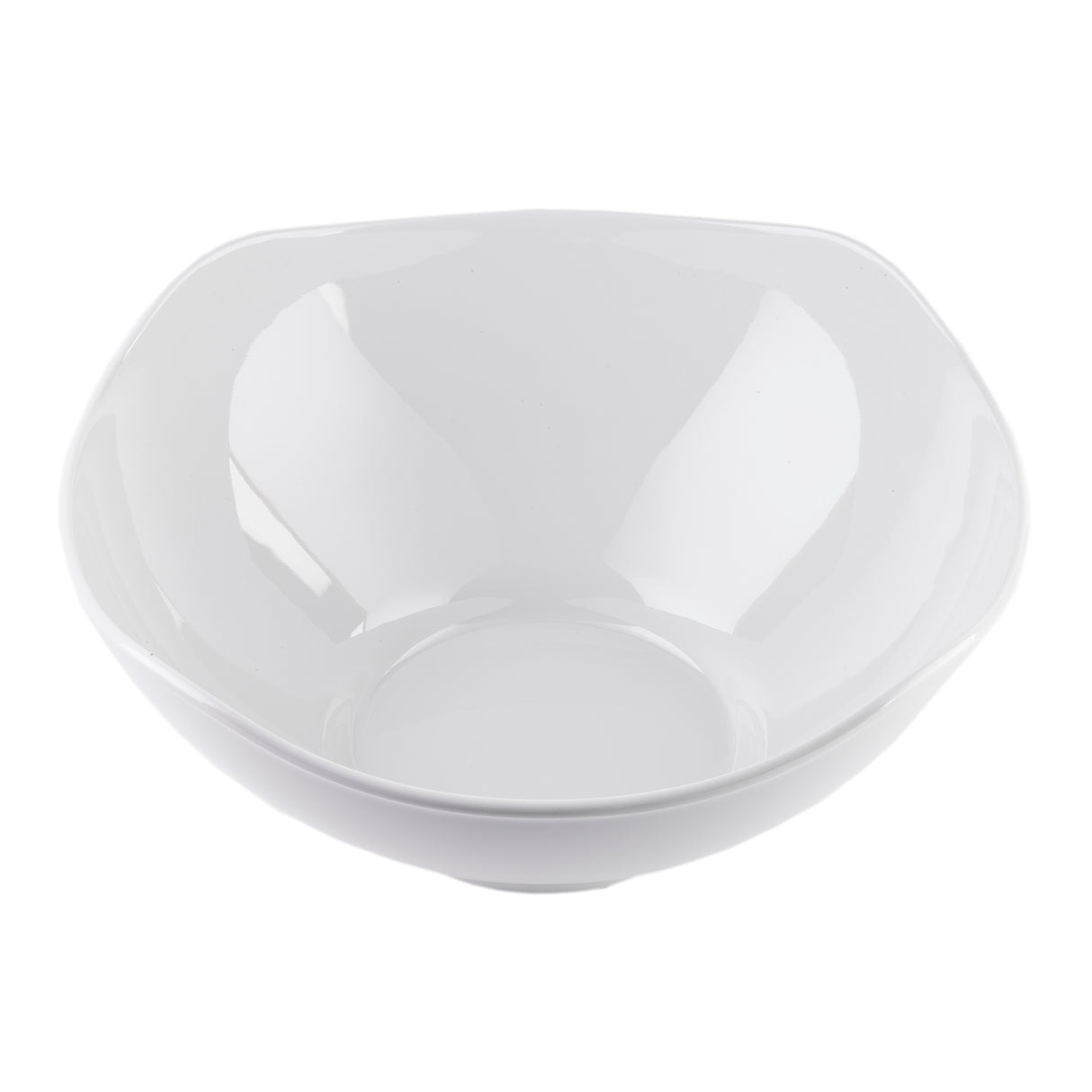 A plain white, glossy ceramic bowl with slightly curved edges and a smooth surface, photographed from above on a white background. This modern wavy bowl is empty and showcases a simple yet stylish design.