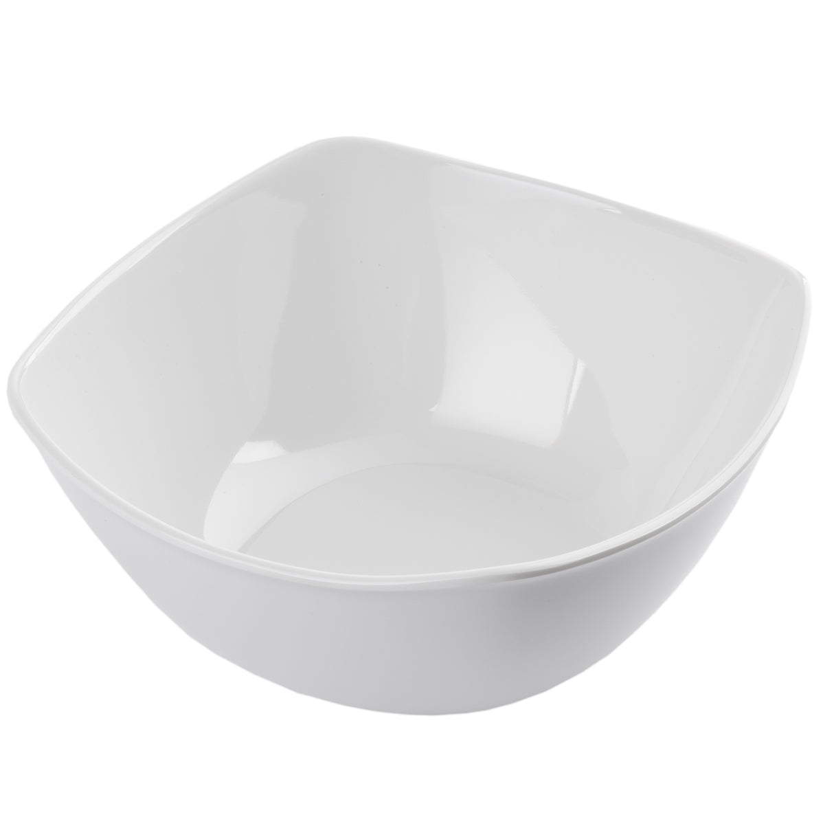 A white, glossy, square-shaped melamine bowl with gently curved edges and a smooth surface, this dishwasher safe bowl from the Frostone Collection Wavy Bowl range features a clean, modern design on a plain white background.
