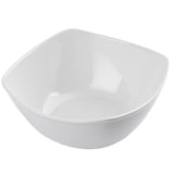 A white, glossy, square-shaped melamine bowl with gently curved edges and a smooth surface, this dishwasher safe bowl from the Frostone Collection Wavy Bowl range features a clean, modern design on a plain white background.