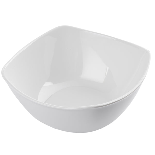 A white, glossy, square-shaped melamine bowl with gently curved edges and a smooth surface, this dishwasher safe bowl from the Frostone Collection Wavy Bowl range features a clean, modern design on a plain white background.