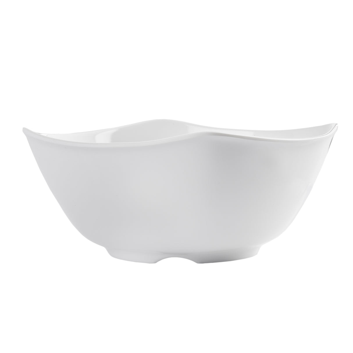 A plain, glossy white Frostone Collection Wavy Bowl with a unique wavy-rimmed design and gently curved sides, set against a white background. This dishwasher safe bowl offers a simple, modern aesthetic and appears empty.