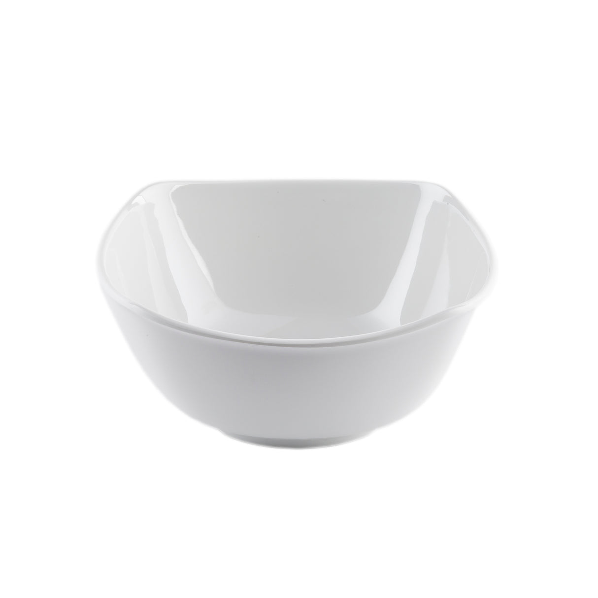 A plain, white, square-shaped ceramic bowl with rounded corners and smooth edges from the Frostone Collection, shown on a white background. The empty bowl features a glossy finish for a clean and modern appearance.