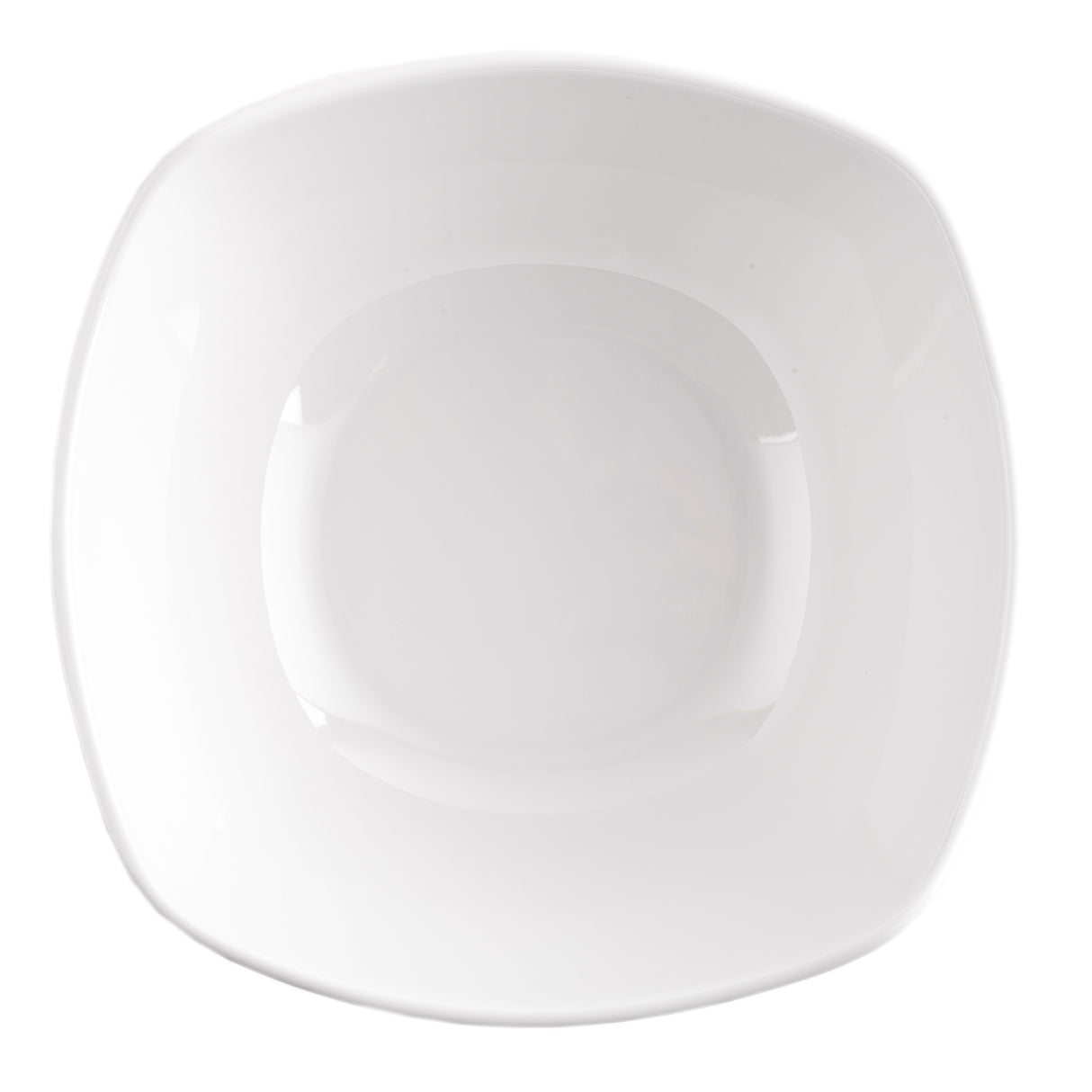 A plain, white, glossy, square-shaped plate from the Frostone Collection is shown against a white background. Made of durable melamine, its smooth surface and rounded edges emphasize simplicity and modern design.