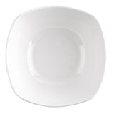 A plain, white, glossy, square-shaped plate from the Frostone Collection is shown against a white background. Made of durable melamine, its smooth surface and rounded edges emphasize simplicity and modern design.