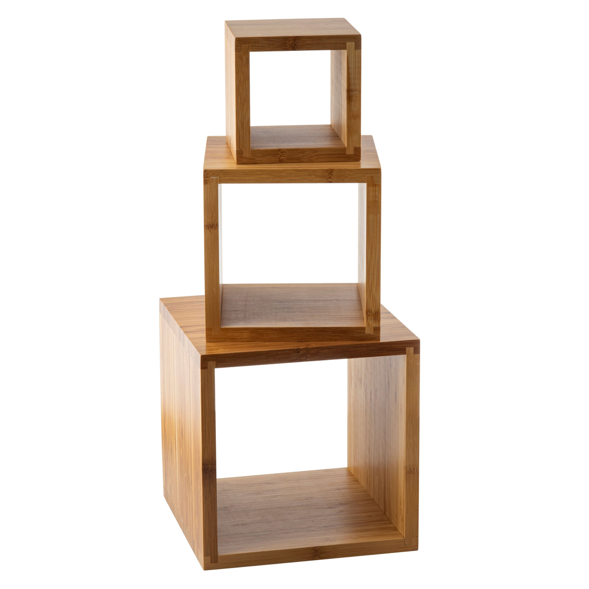 Three open wooden cube shelves of varying sizes, part of the TableCraft Products Barclay Riser Set, are stacked in ascending order. Made from bamboo riser material, they feature a natural finish and are isolated on a white background.