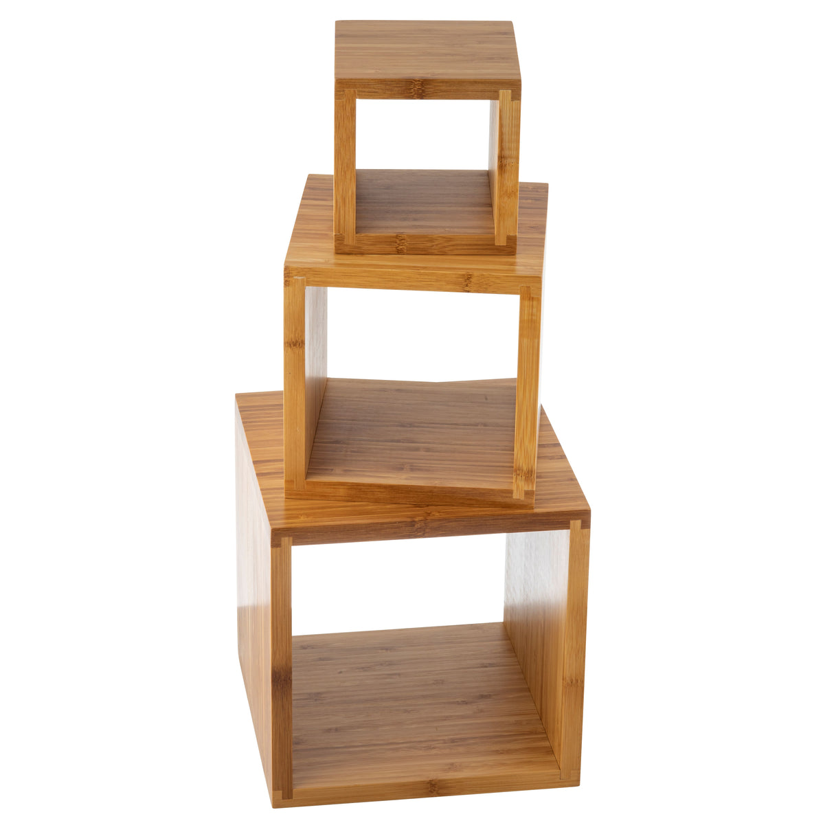 The Barclay Riser Set features three wooden cube shelves of different sizes, stacked in a stepped pyramid shape. Made of light-colored bamboo riser material, these open-front cubes by TableCraft Products stand out against a white background.