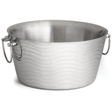 A large, round double wall stainless steel beverage tub with a brushed finish. The wavy, textured pattern on its exterior contrasts with the smooth interior. Two sturdy metal handles, attached with rings, make it easy to carry and serve drinks in style.
