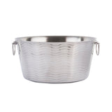 A large, round double wall stainless steel beverage tub with a wavy textured surface, two metal ring handles on each side, and a smooth, shiny finish. The tub is empty and photographed against a white background.