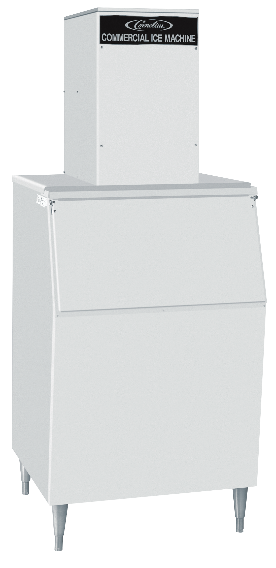 A large, silver, rectangular air-cooled ice maker with a black sign labeled Commercial Ice Machine on the top unit. It has a wide front door for ice retrieval and stands on four metal legs. The design is industrial and utilitarian.