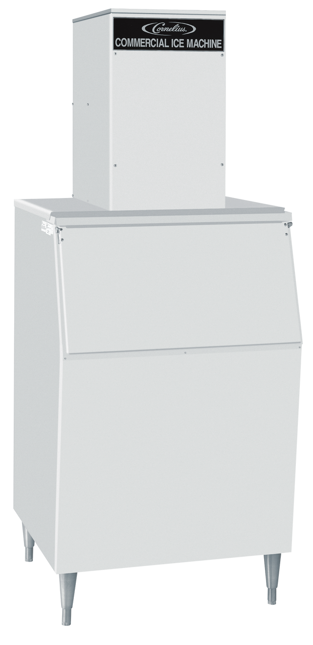 A large, silver, rectangular air-cooled ice maker with a black sign labeled Commercial Ice Machine on the top unit. It has a wide front door for ice retrieval and stands on four metal legs. The design is industrial and utilitarian.