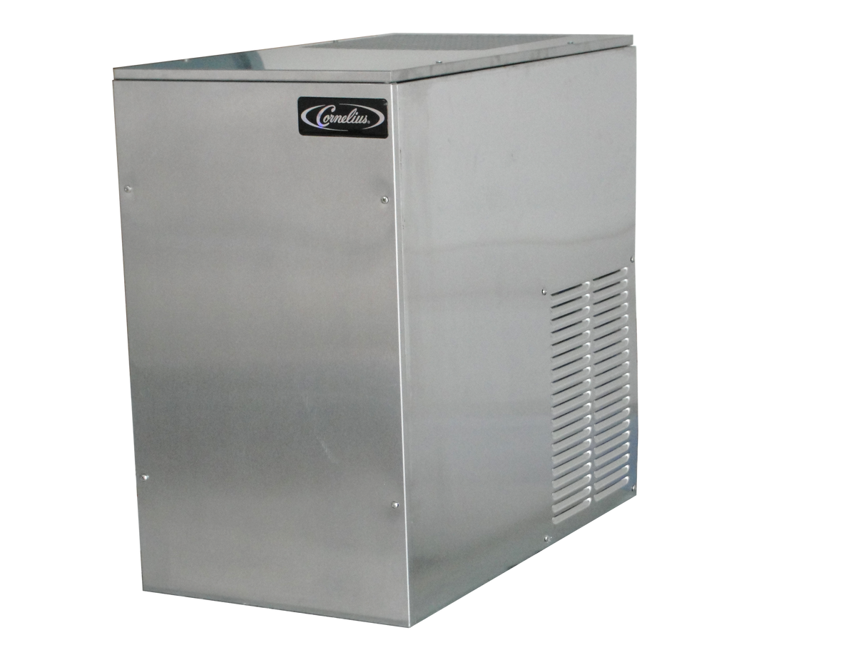 A rectangular, silver nugget-style ice maker with a vented side panel and a Cornelius brand logo on the top front. The machine has a metallic finish and stands on a white background, showing the front and one side of the unit.