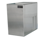 A rectangular, silver nugget-style ice maker with a vented side panel and a Cornelius brand logo on the top front. The machine has a metallic finish and stands on a white background, showing the front and one side of the unit.
