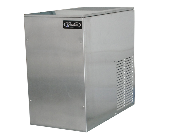 A rectangular, silver nugget-style ice maker with a vented side panel and a Cornelius brand logo on the top front. The machine has a metallic finish and stands on a white background, showing the front and one side of the unit.