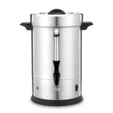 A stainless steel Waring Coffee Urn with black handles, black spigot, and a lid features a dual heater system for optimal brewing. Its 55 cup capacity makes it ideal for gatherings, while indicator lights and power switch add convenience.
