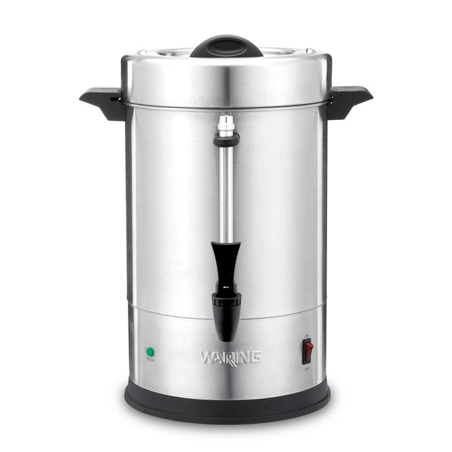 A stainless steel Waring Coffee Urn with black handles, black spigot, and a lid features a dual heater system for optimal brewing. Its 55 cup capacity makes it ideal for gatherings, while indicator lights and power switch add convenience.