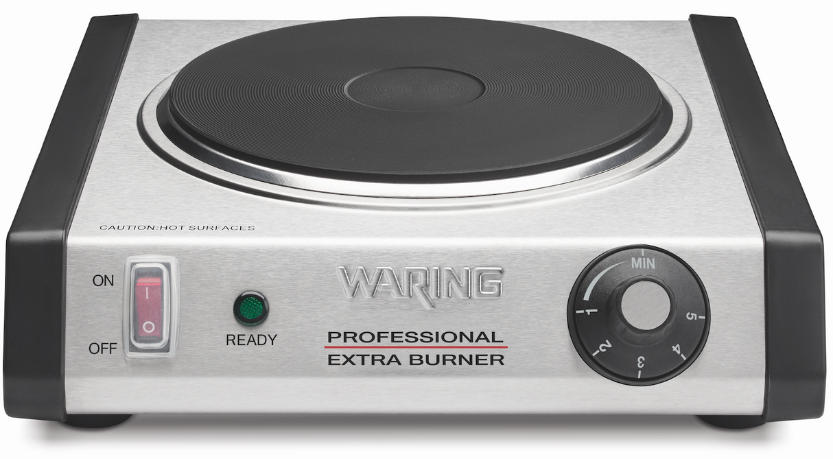 A stainless steel single-burner hot plate with a black coil, adjustable thermostat, ON/OFF switch, green “READY” light, temperature dial from MIN to MAX, and “WARING PROFESSIONAL EXTRA BURNER” on the front. CAUTION: HOT SURFACES is engraved on top.