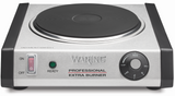 A stainless steel single-burner hot plate with a black coil, adjustable thermostat, ON/OFF switch, green “READY” light, temperature dial from MIN to MAX, and “WARING PROFESSIONAL EXTRA BURNER” on the front. CAUTION: HOT SURFACES is engraved on top.