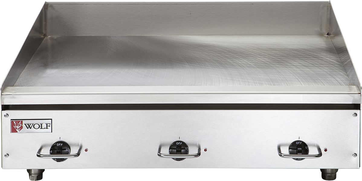 A heavy duty electric griddle, the Wolf WEG48E_208/60/3 features a stainless steel finish, three black control knobs, and the Wolf logo on the bottom left. Its reflective surface is bordered by a tall backsplash, raised edges, and sturdy short black feet.