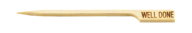 A bamboo meat marker pick with a pointed end and WELL DONE engraved on the flat top. This light beige marker is perfect for indicating steak doneness.