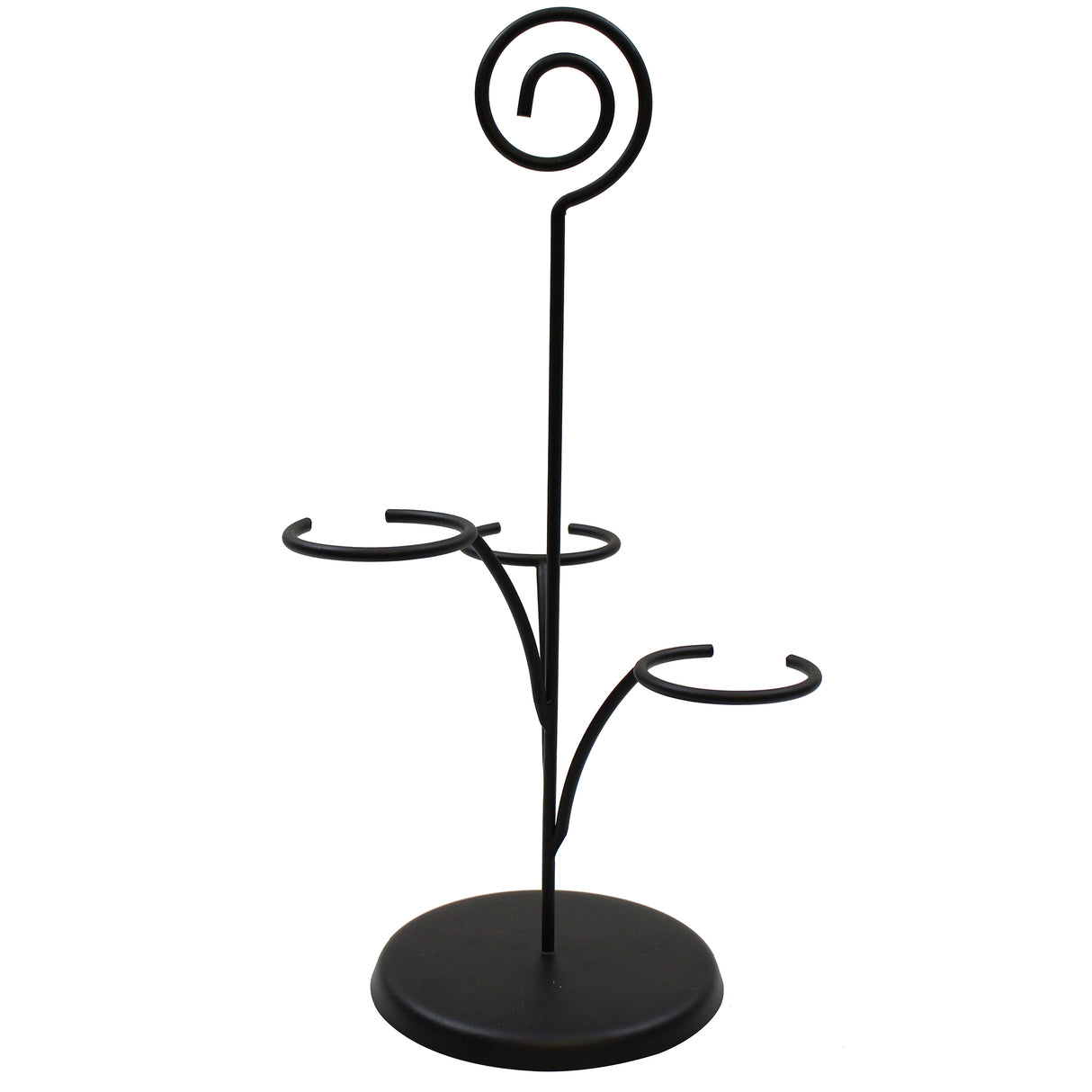 A black powder coated metal stand with a round base, two curved arms for holding items, and a vertical rod topped with a spiral loop. The minimalist design is perfect as a wine glass holder or for showcasing a Cascade Tasting Flight.