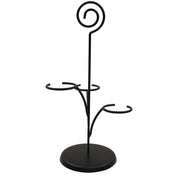 A black powder coated metal stand with a round base, two curved arms for holding items, and a vertical rod topped with a spiral loop. The minimalist design is perfect as a wine glass holder or for showcasing a Cascade Tasting Flight.