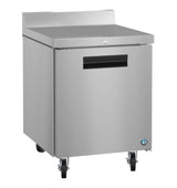A Hoshizaki Steelheart stainless steel worktop freezer featuring a flat top, black recessed handle, caster wheels, and a blue and white logo on the lower door. A short backsplash runs along the rear edge for added convenience.