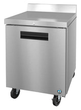 A Hoshizaki Steelheart stainless steel freezer with a single front door, sturdy black handle, casters for mobility, and a raised back edge. The smooth reflective surface is ideal for restaurant use. A small blue certification logo is displayed on the front.