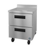A Hoshizaki Steelheart commercial refrigerator with stainless steel drawers, recessed handles, backsplash, and four wheels for mobility—perfect for professional kitchens. Features a small blue certification sticker near the bottom right corner.