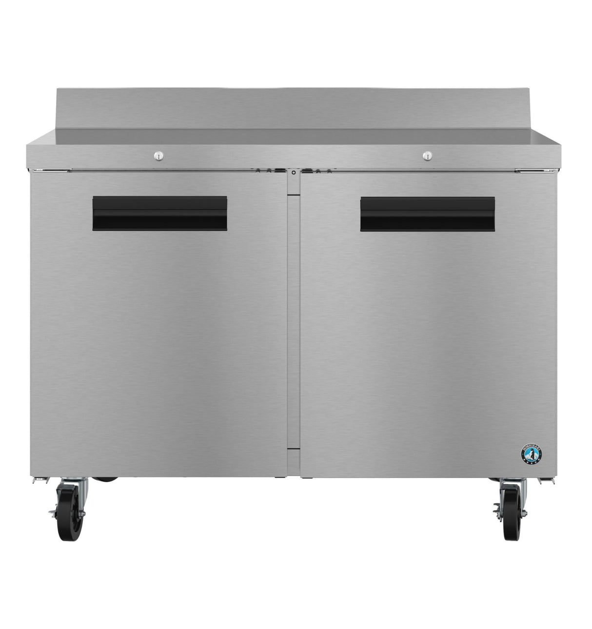 Large commercial Hoshizaki stainless steel refrigerated prep table with two front doors, black handles, a flat top surface, and raised back edge. The unit stands on four wheels for mobility, with a small certification logo on the bottom right corner.