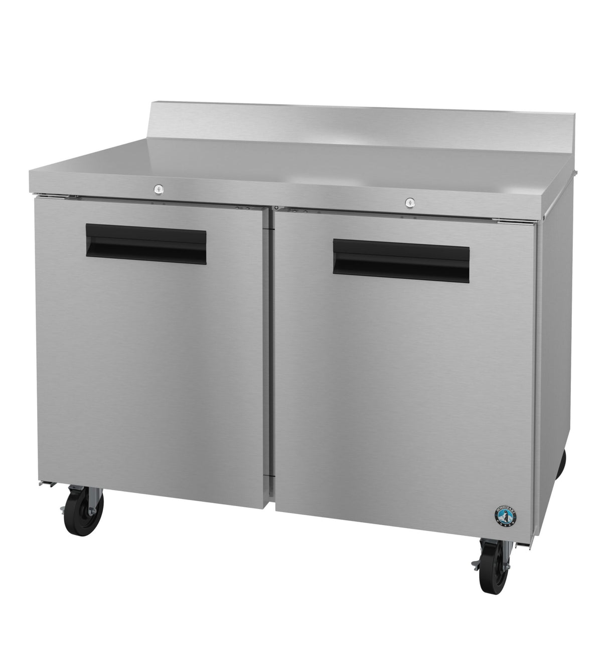 A Hoshizaki commercial stainless steel refrigerator with two doors, black handles, and a raised backsplash. It features four caster wheels for mobility and a blue logo on the front panel, offering a clean and modern look ideal for any worktop freezer setup.