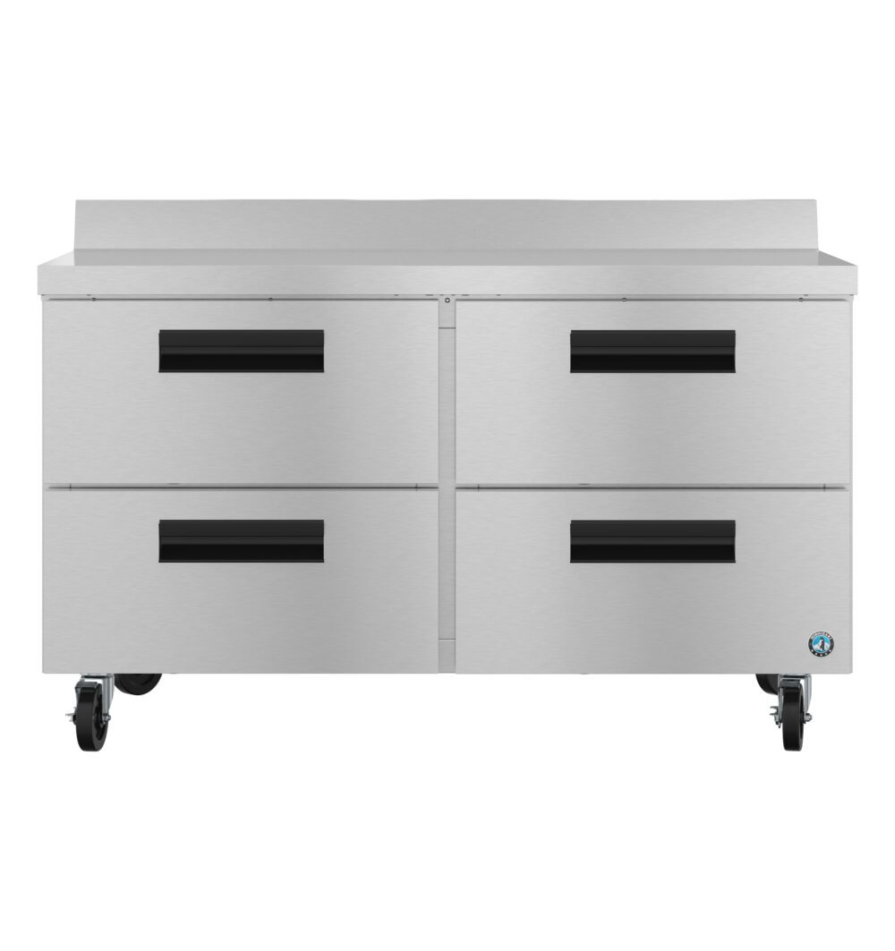 A stainless steel worktop freezer with four pull-out drawers, black recessed handles, casters for mobility, and a blue logo on the lower right. The unit features a smooth top, short backsplash, and durable stainless steel drawers for commercial kitchens.