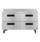 A stainless steel worktop freezer with four pull-out drawers, black recessed handles, casters for mobility, and a blue logo on the lower right. The unit features a smooth top, short backsplash, and durable stainless steel drawers for commercial kitchens.