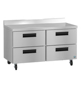 A stainless steel commercial kitchen cabinet with a backsplash, four black-handled stainless steel drawers, and caster wheels for mobility—perfect for storage and food prep. The brushed front finish adds to its sturdy, utilitarian appeal.