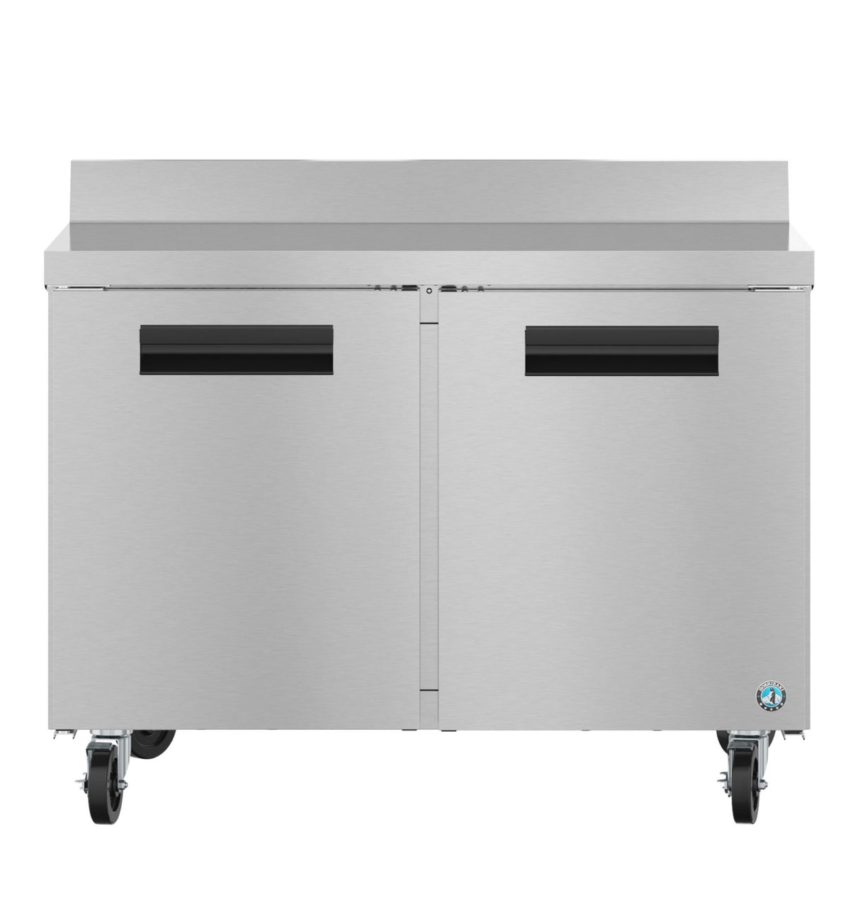 A Hoshizaki stainless steel commercial refrigerator with two doors, black horizontal handles, and four caster wheels. The raised back edge and modern industrial design make it ideal for a professional kitchen or as a worktop freezer.