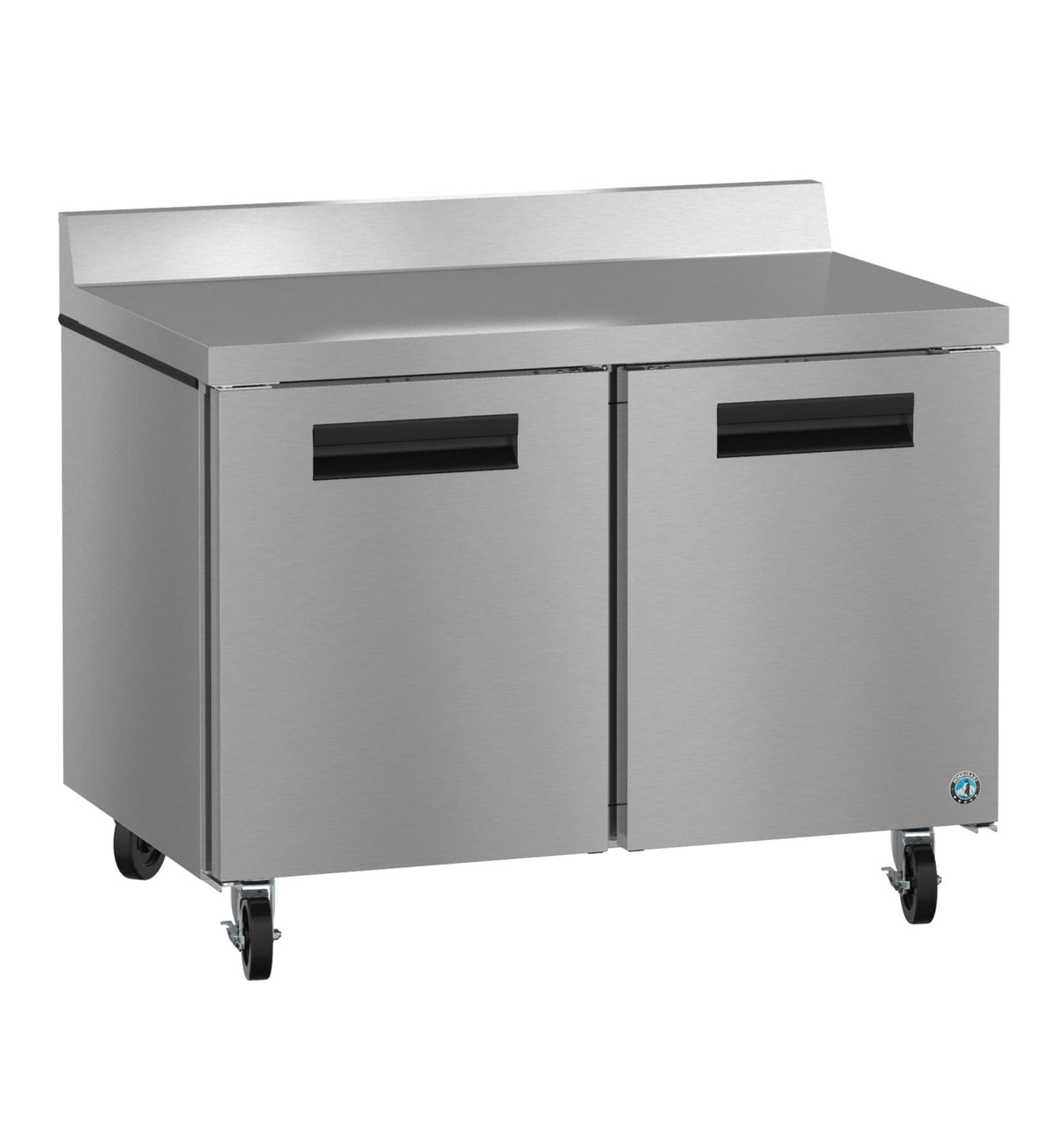 A sleek Hoshizaki stainless steel undercounter refrigerator with two swing doors, black handles, four caster wheels, a smooth countertop, and a raised backsplash—perfect for any professional kitchen.