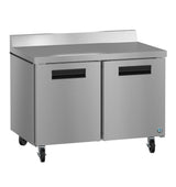 A sleek Hoshizaki stainless steel undercounter refrigerator with two swing doors, black handles, four caster wheels, a smooth countertop, and a raised backsplash—perfect for any professional kitchen.
