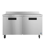 A commercial Hoshizaki Steelheart stainless steel freezer or prep table with two doors, flat worktop, small backsplash, and four caster wheels. The brushed metal finish gives it a sleek, modern industrial look.