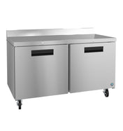 A commercial Hoshizaki Steelheart stainless steel undercounter refrigerator with two swing doors, black recessed handles, locking casters, and a raised rear backsplash. The smooth, reflective surface is ideal for industrial or restaurant kitchens.