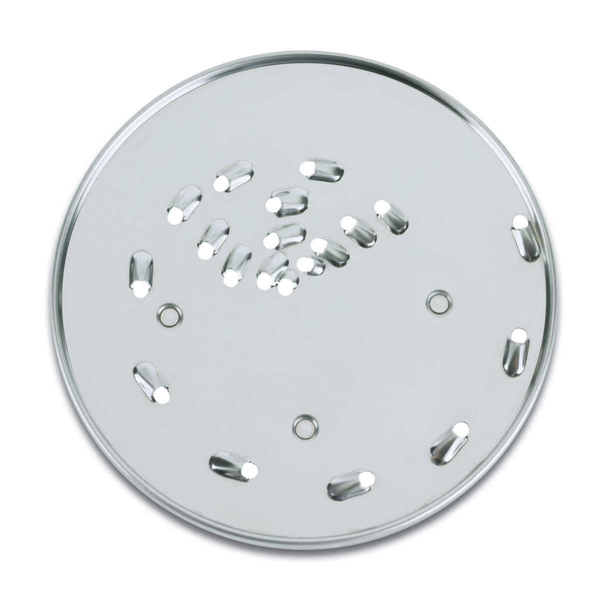 Round, flat stainless steel shredding disc with sharp, oval grating holes in clusters and a few small circular holes. Designed for use as a WFP11S kitchen appliance attachment, this 2mm disc is ideal for grating or slicing ingredients.