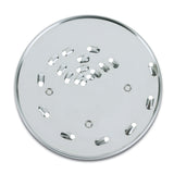 Round, flat stainless steel shredding disc with sharp, oval grating holes in clusters and a few small circular holes. Designed for use as a WFP11S kitchen appliance attachment, this 2mm disc is ideal for grating or slicing ingredients.