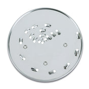 Round, flat stainless steel shredding disc with sharp, oval grating holes in clusters and a few small circular holes. Designed for use as a WFP11S kitchen appliance attachment, this 2mm disc is ideal for grating or slicing ingredients.