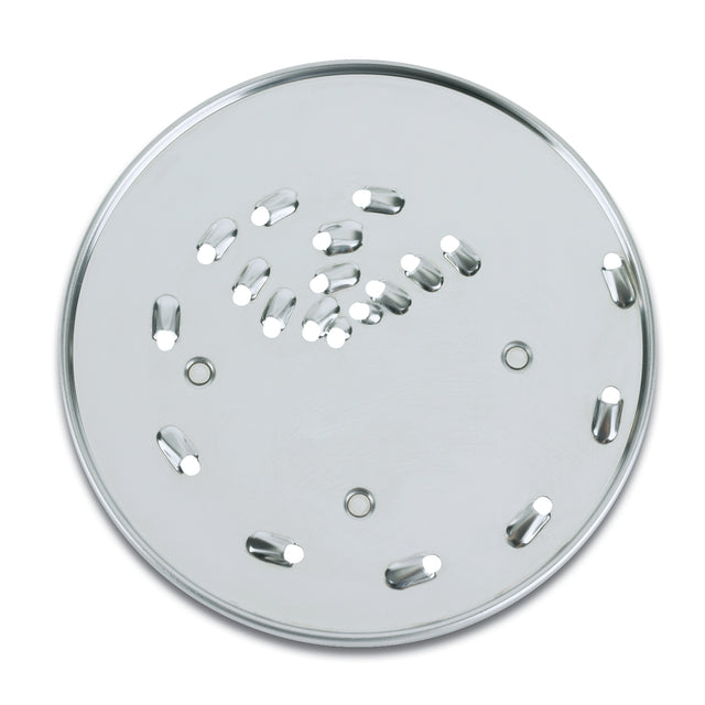 Round, flat stainless steel shredding disc with sharp, oval grating holes in clusters and a few small circular holes. Designed for use as a WFP11S kitchen appliance attachment, this 2mm disc is ideal for grating or slicing ingredients.