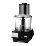 A black and clear Waring Commercial 2.5-quart batch bowl food processor with a large transparent bowl, handle, and black lid. Features the LiquiLock Seal System and labeled switches on a modern base—ideal for professional kitchens.
