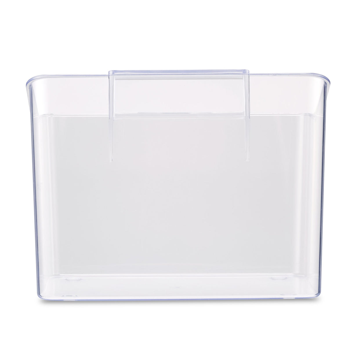 A clear rectangular plastic storage bin with a wide open top and built-in front handle, perfect for holding ice from your countertop ice crusher. The bin is empty, with slightly rounded edges and a simple, transparent design against a white background.