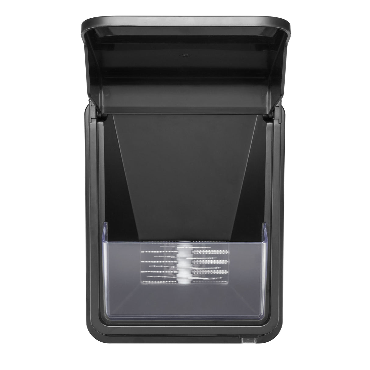 A black rectangular outdoor wall light with a clear plastic cover at the bottom and a hinged, angled lid at the top, reminiscent of a sleek commercial ice crusher, shown open to reveal LED light strips. The design is modern and functional.