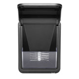 A black rectangular outdoor wall light with a clear plastic cover at the bottom and a hinged, angled lid at the top, reminiscent of a sleek commercial ice crusher, shown open to reveal LED light strips. The design is modern and functional.