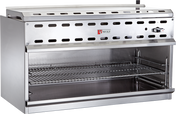 A stainless steel Wolf WICM24_NAT commercial cheese melter with a vented top, control knob on the right, two metal grill racks, side and back panels, and a drip tray below. The unit boasts a modern, industrial design with the Wolf logo.