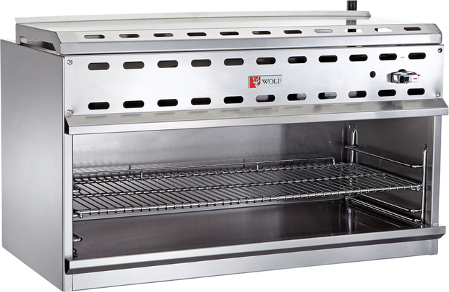 A stainless steel Wolf WICM36_NAT Cheesemelter with a grated cooking rack, adjustable shelves, and control knob. The front panel features ventilation slots and the red Wolf logo. This commercial cheesemelter is clean and shown against a white background.