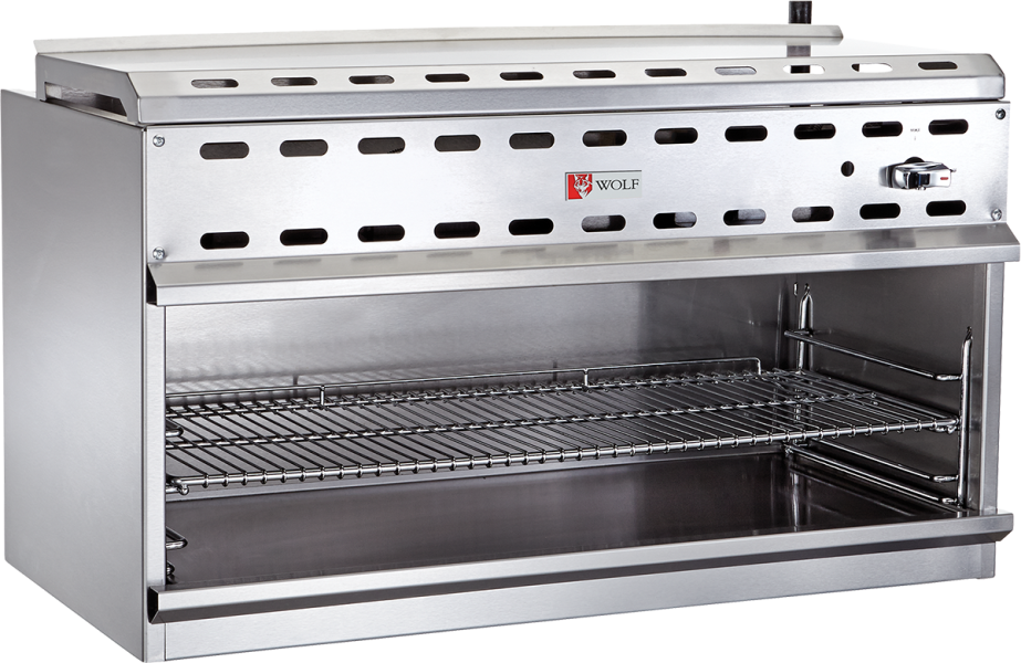 A stainless steel commercial gas cheesemelter by Wolf with a perforated top panel, a control knob on the right, the Wolf logo in the center, infrared burners, and two metal wire racks inside for broiling or grilling food.
